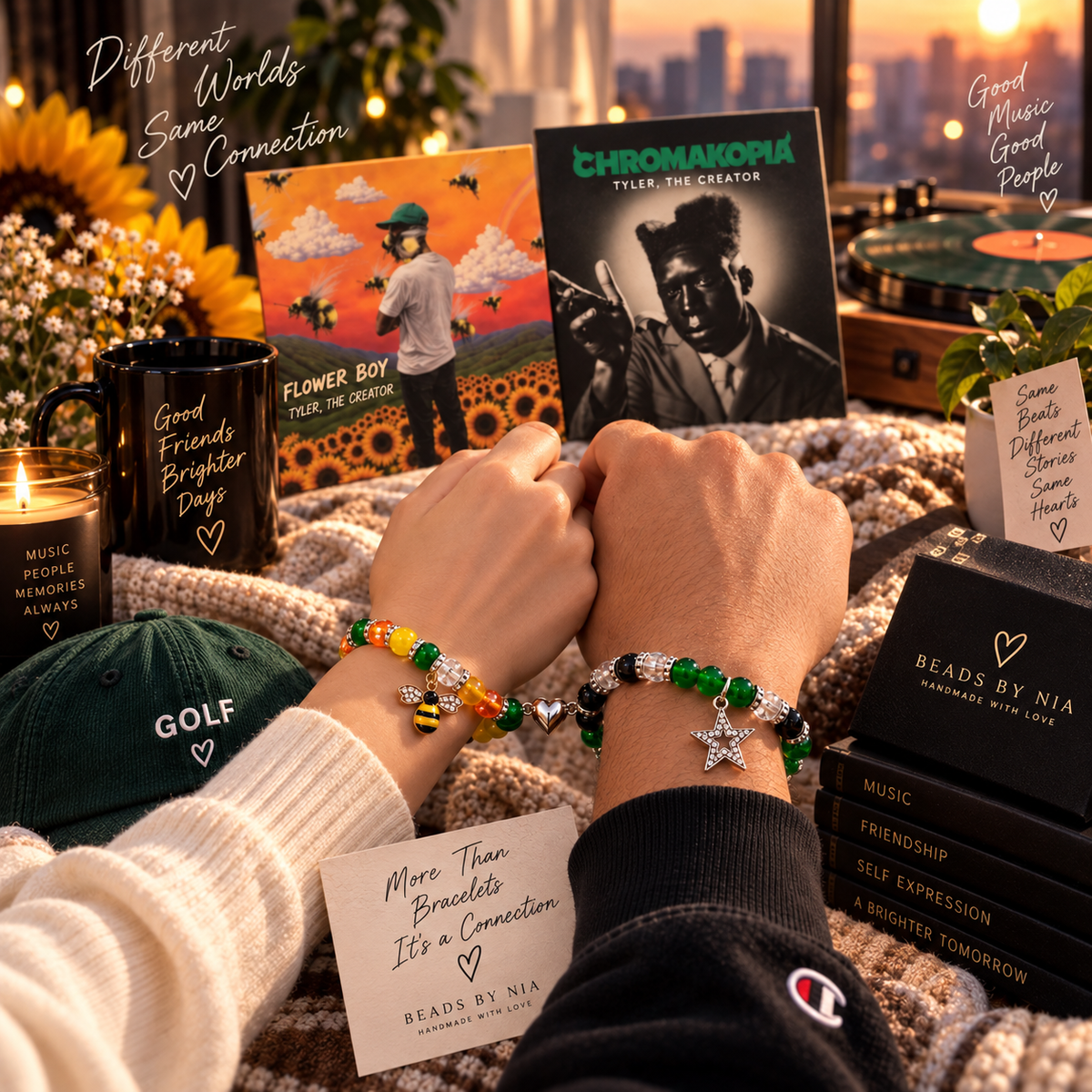 Couple wearing Flower Boy and Chromakopia matching bracelets - Beads by Nia