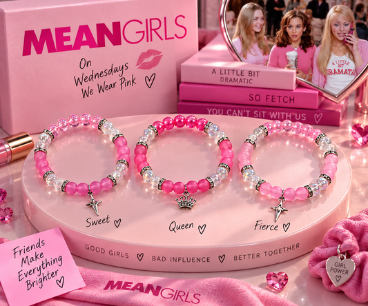 Mean Girls matching bracelet gift set of three handmade pink beaded bracelets on a pink tray - Beads by Nia