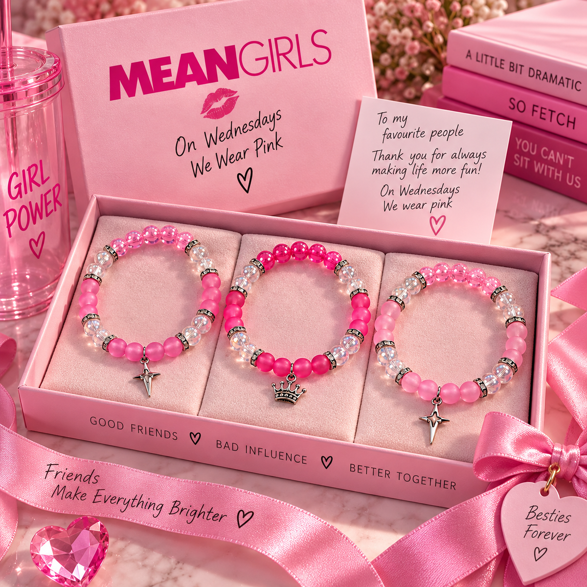Three Mean Girls bracelets in a pink gift box with ribbon, ready-to-give BFF present - Beads by Nia