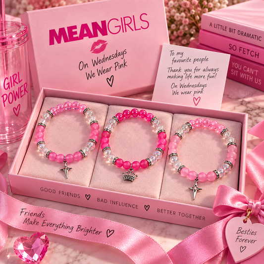 Three Mean Girls bracelets in a pink gift box with ribbon, ready-to-give BFF present - Beads by Nia