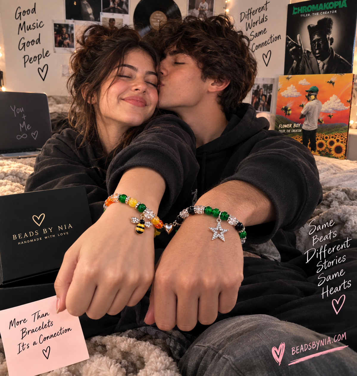 Couple in black hoodies wearing Flower Boy and Chromakopia bracelets - Beads by Nia