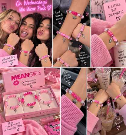 Friends wearing handmade Mean Girls matching bracelets, wrist and gift box collage - Beads by Nia
