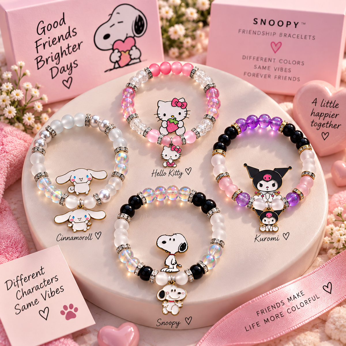 Sanrio bracelet set of four on a display stand with character cards - Beads by Nia
