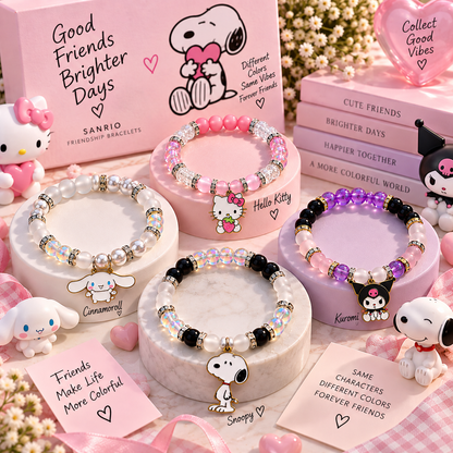 Four Sanrio character bracelets in pink, purple and white with silver charms - Beads by Nia
