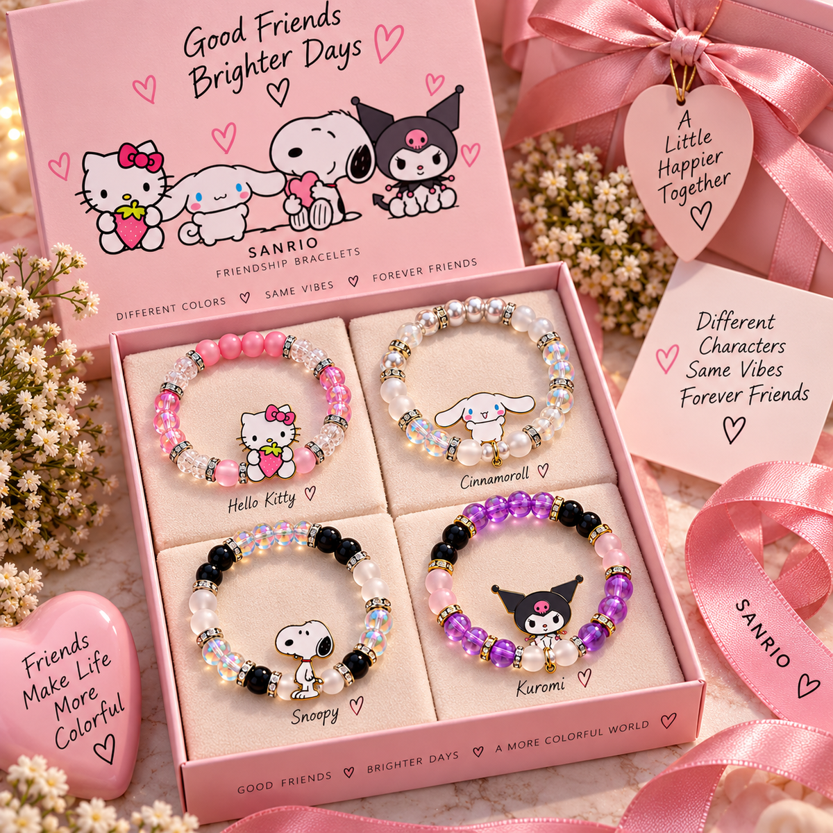 Set of four Sanrio matching bracelets with Hello Kitty, Kuromi, Cinnamoroll and Snoopy
