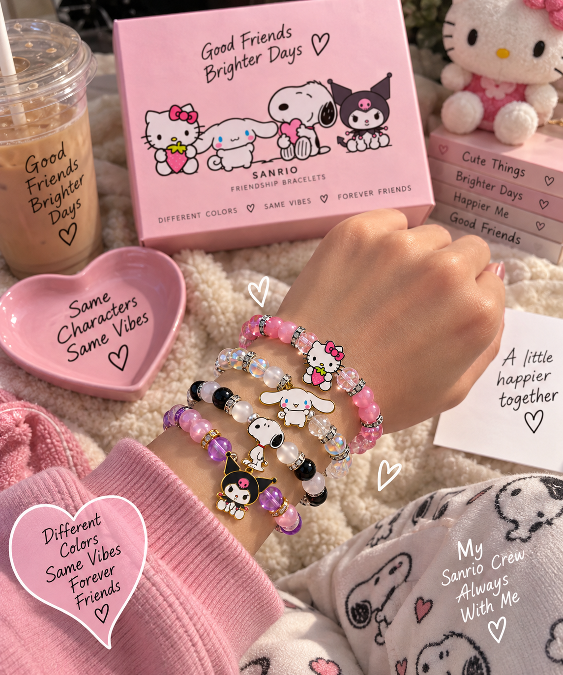 Sanrio bracelet set of four with plush toys and Beads by Nia gift packaging