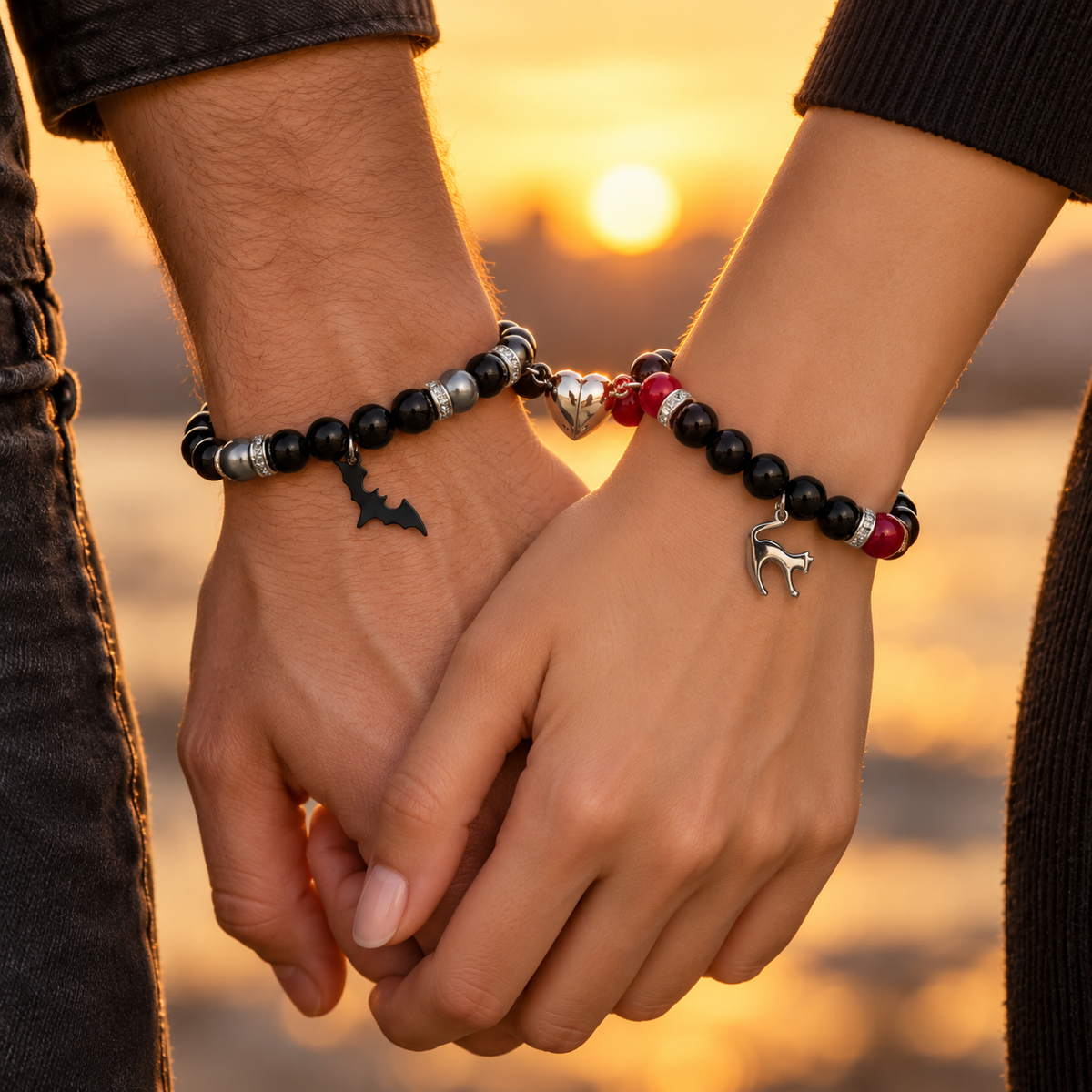 Holding hands at sunset wearing Batman and Catwoman couples bracelets - Beads by Nia