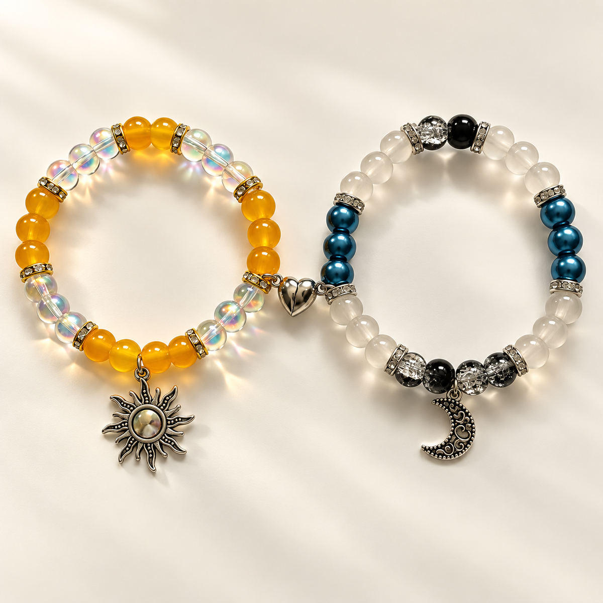 Yellow sun and blue moon beaded bracelets side by side with silver charms - Beads by Nia