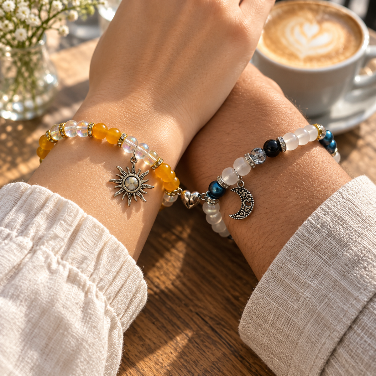 Couple wearing sun and moon matching bracelets at a cafe table - Beads by Nia