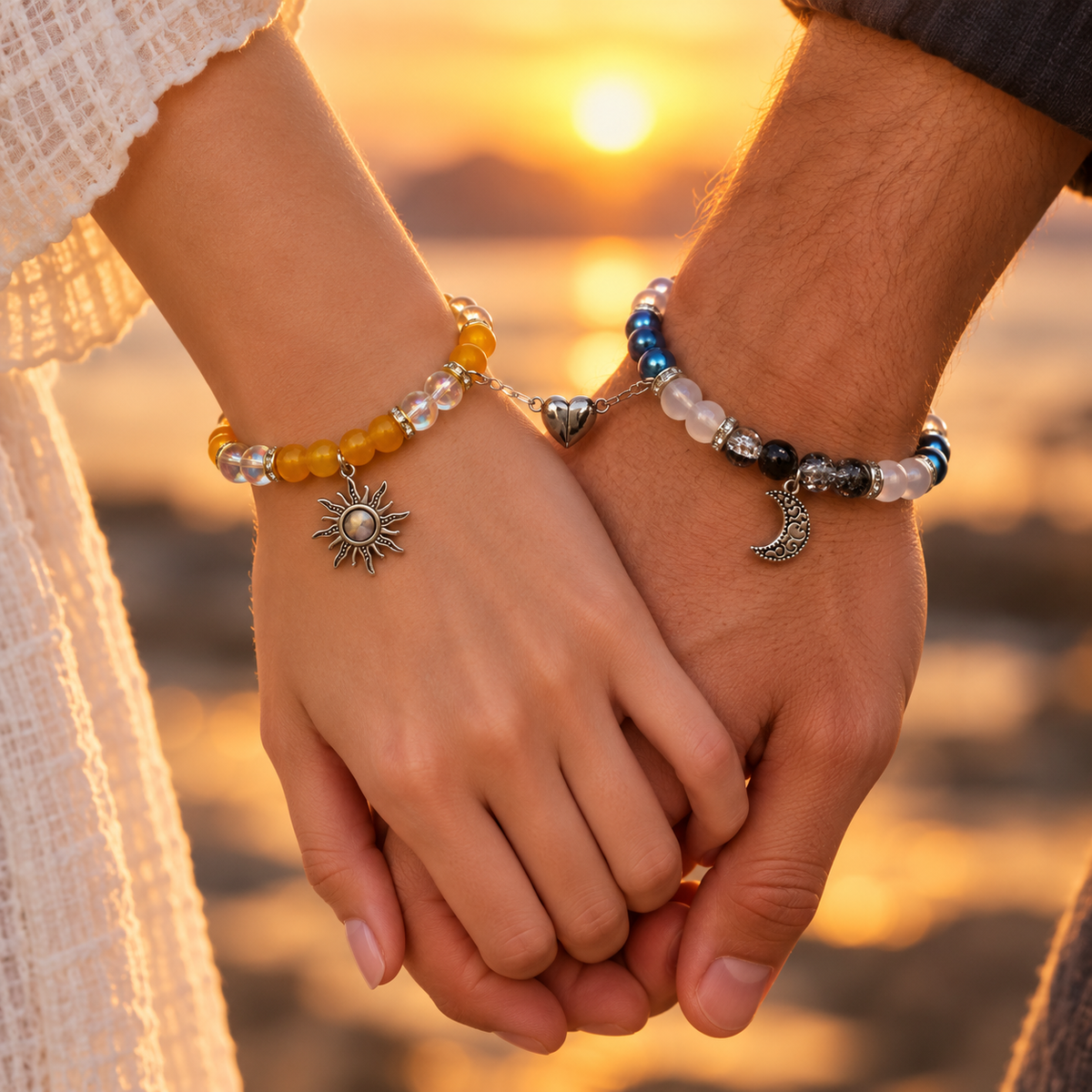 Holding hands at sunset wearing sun and moon couples bracelets - Beads by Nia