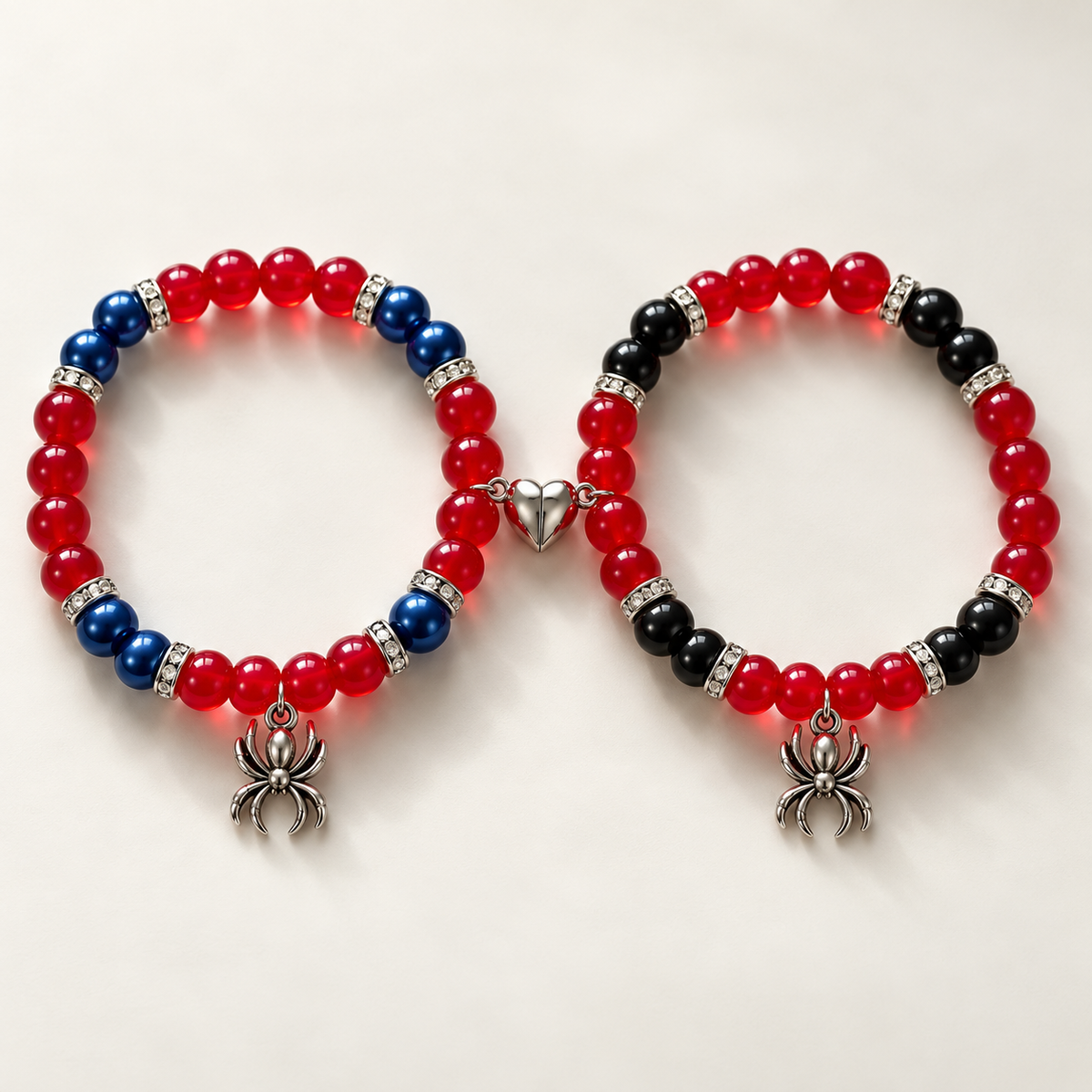 Spiderman matching bracelet pair joined by a silver heart magnet clasp - Beads by Nia