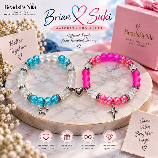 Brian and Suki matching bracelets in blue and pink with silver star and cross charms