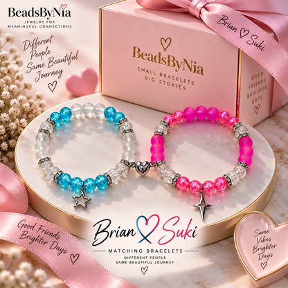Blue and pink Brian and Suki matching bracelets on a display stand - Beads by Nia