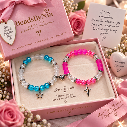 Brian and Suki bracelet set in a pink Beads by Nia gift box with roses