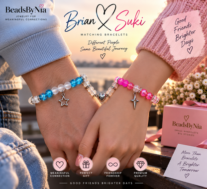 Couple wearing Brian and Suki matching bracelets at sunset - Beads by Nia