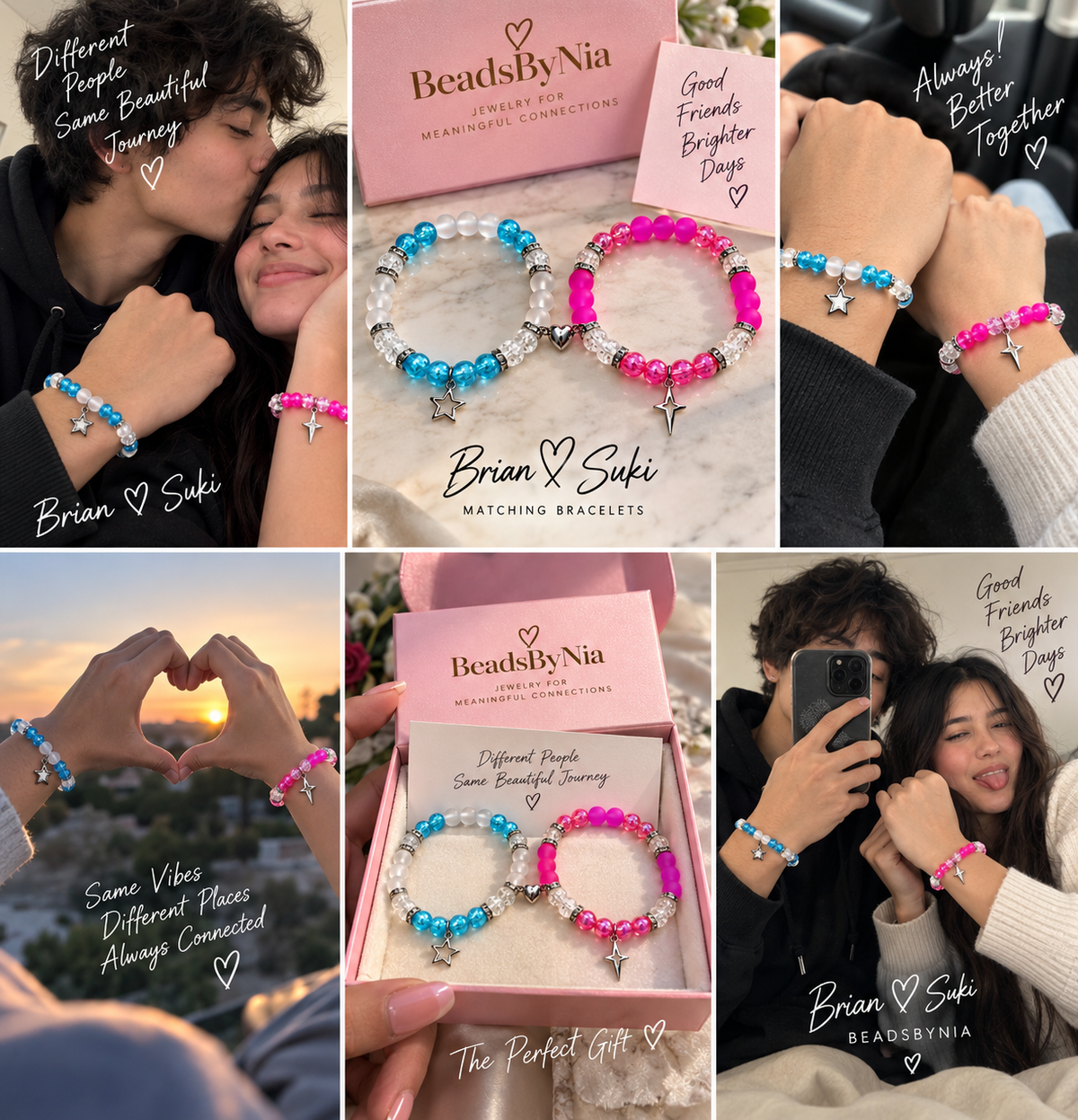 Collage of Brian and Suki matching bracelets worn and boxed - Beads by Nia