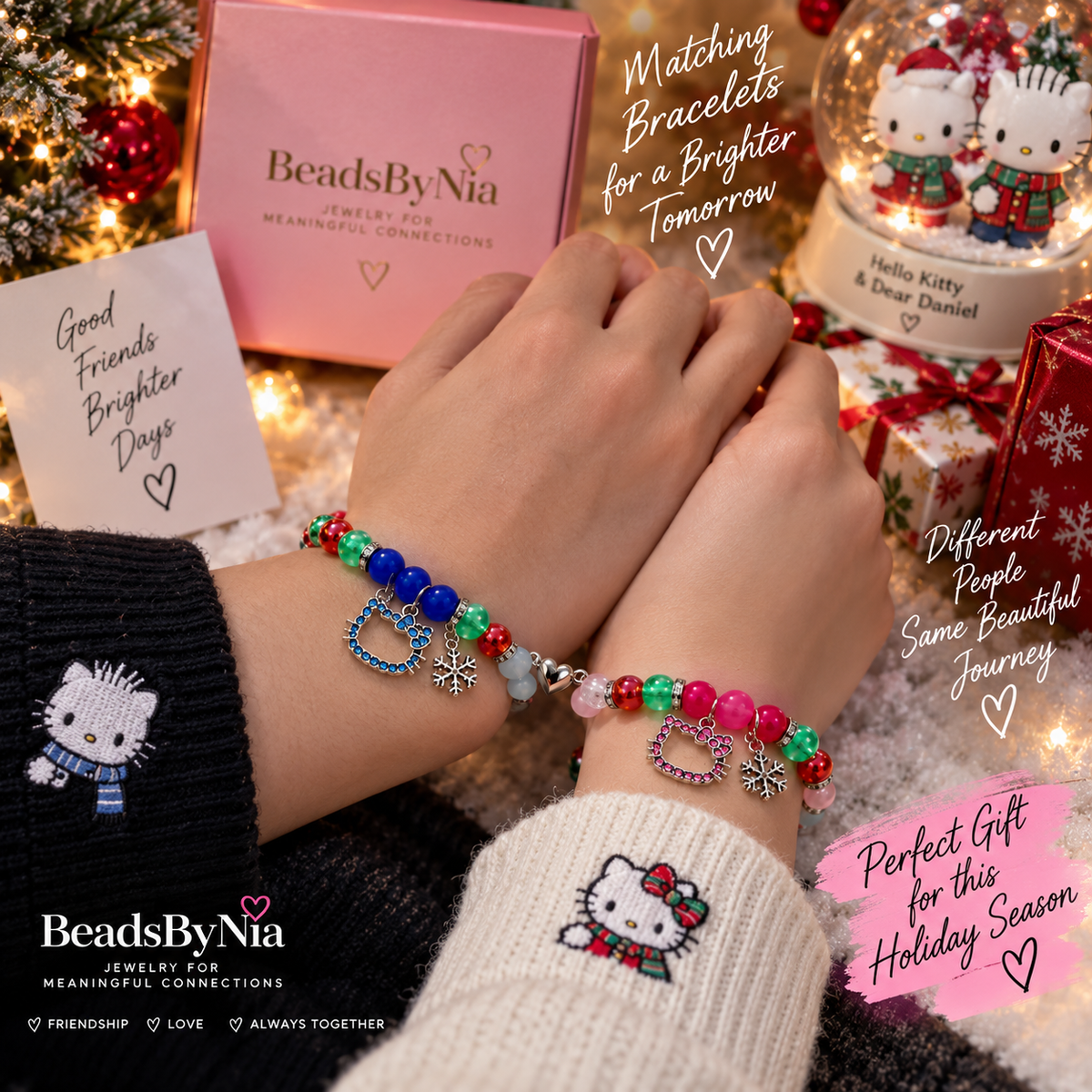 Two friends wearing Christmas Hello Kitty and Dear Daniel matching bracelets