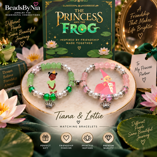 Tiana and Lottie matching bracelets in green and pink, Princess and the Frog - Beads by Nia