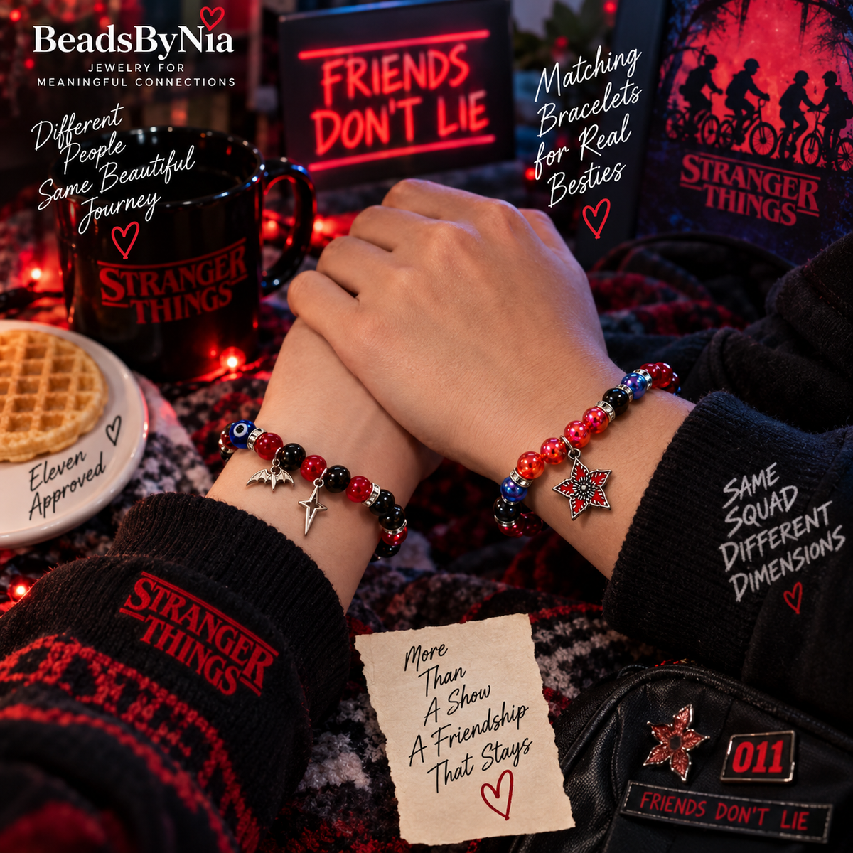 Friends wearing Stranger Things matching bracelets with Hawkins props - Beads by Nia