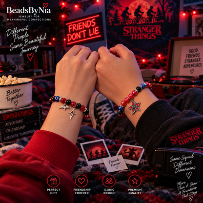 Two wrists wearing Stranger Things matching bracelets with themed props - Beads by Nia