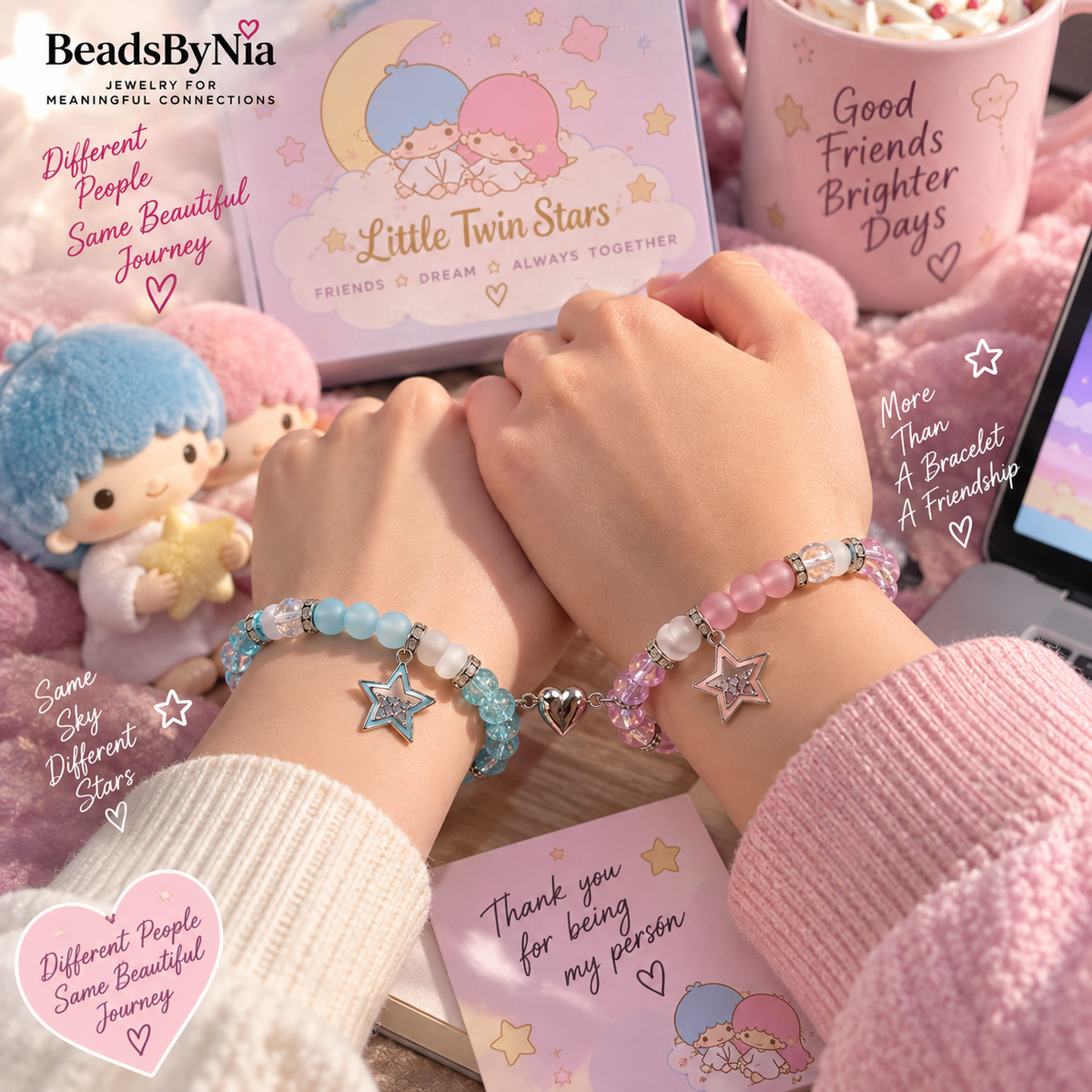 Two friends wearing Little Twin Stars matching bracelets - Beads by Nia