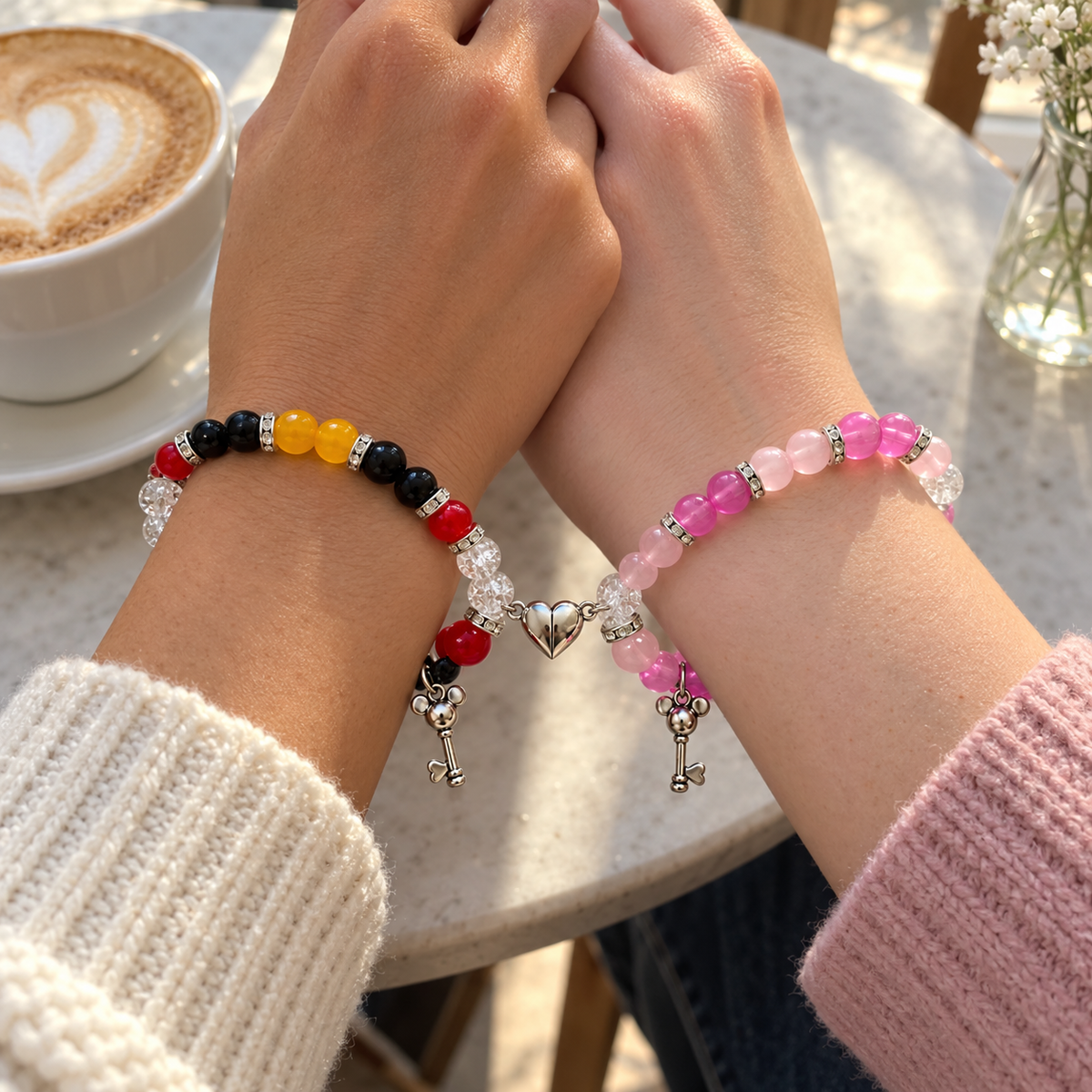 Couple wearing Mickey and Minnie matching bracelets at a cafe table - Beads by Nia