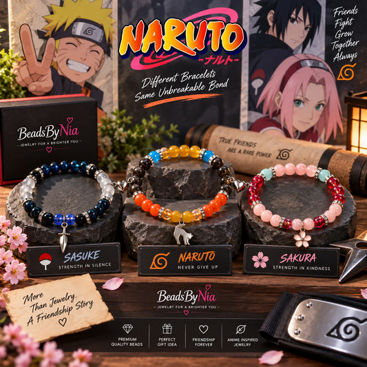 Naruto Team 7 bracelet trio displayed with anime cards and gift box - Beads by Nia