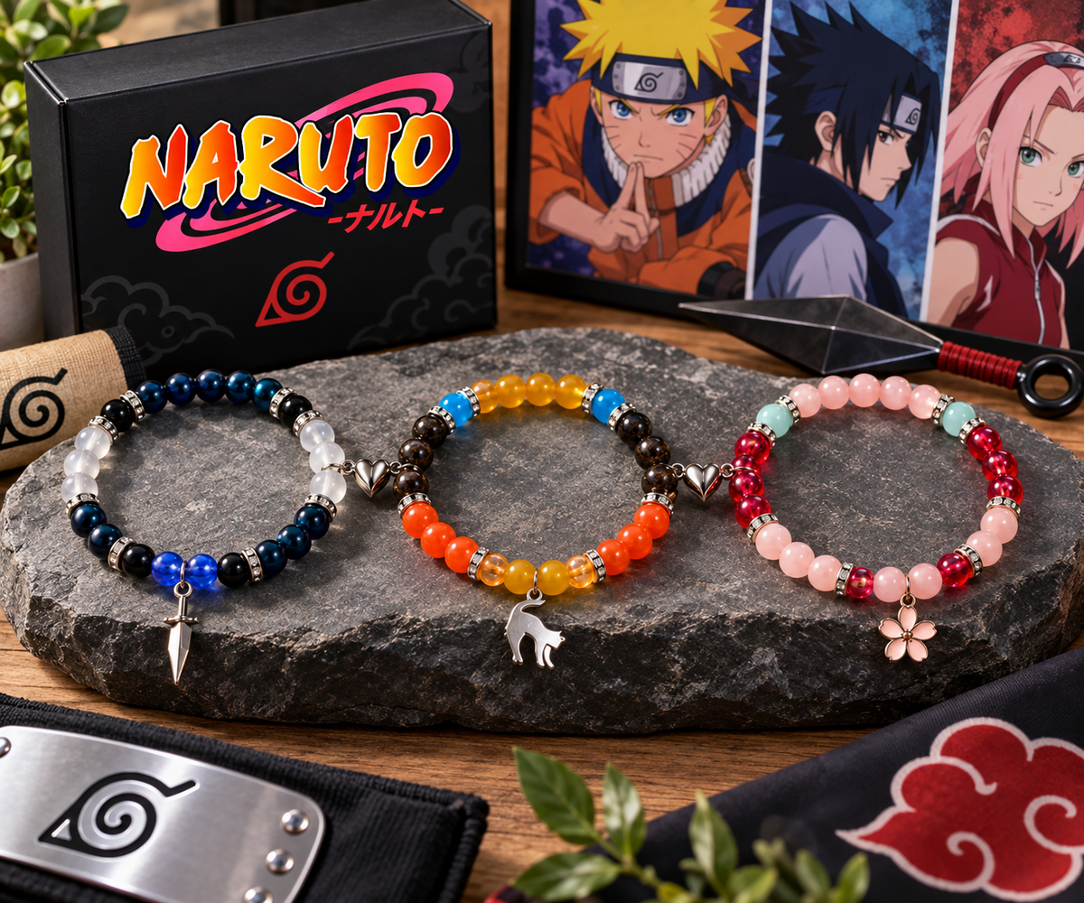 Three Naruto bracelets in blue, orange and pink on dark stone - Beads by Nia