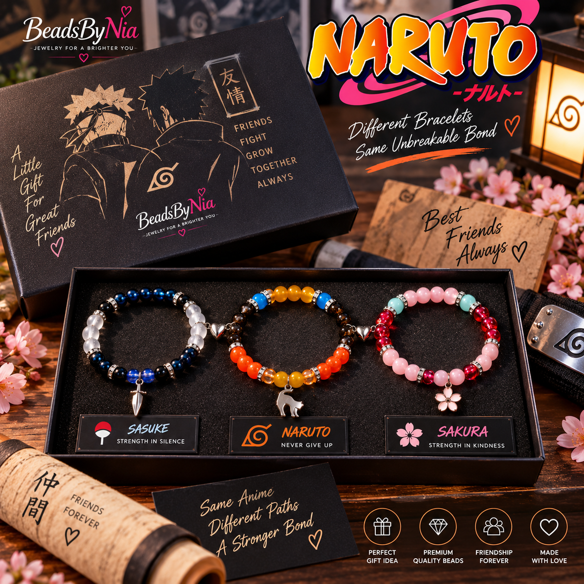 Naruto Team 7 bracelet set in a black gift box with character cards - Beads by Nia