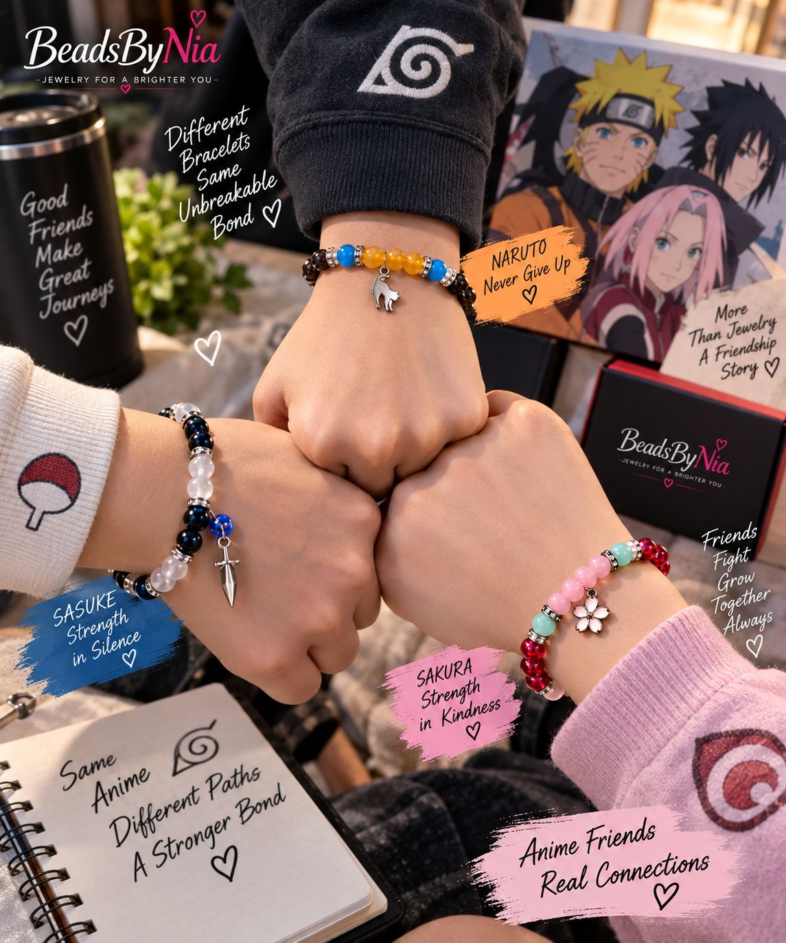 Three friends fist bumping while wearing Naruto Team 7 bracelets - Beads by Nia