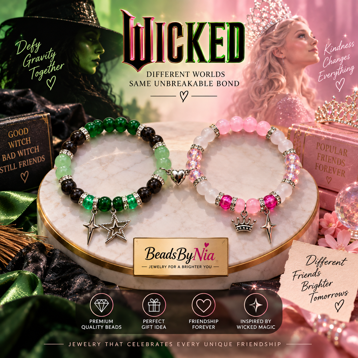 Elphaba and Glinda matching bracelets in green and pink, Wicked inspired - Beads by Nia