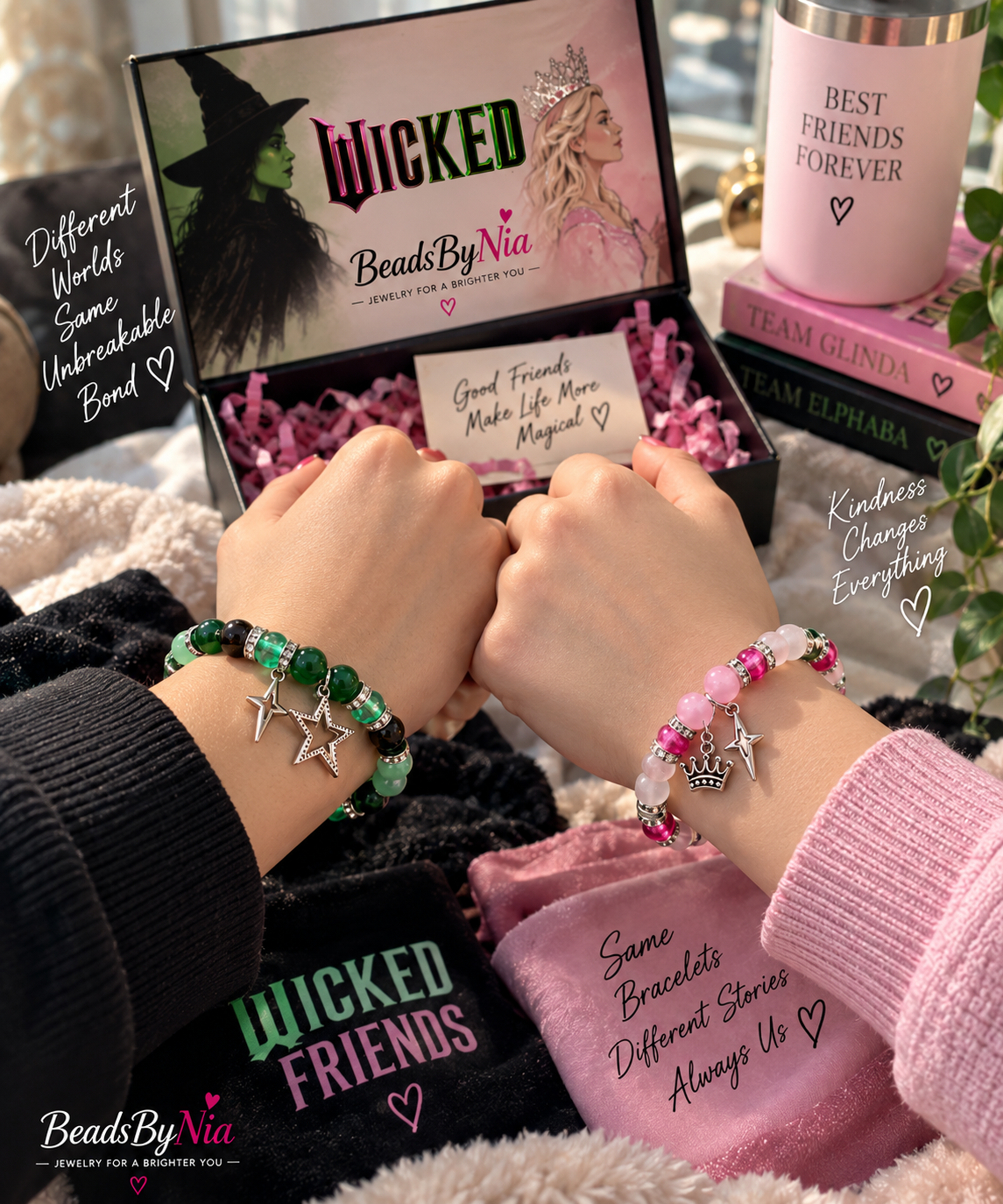 Friends wearing Elphaba and Glinda Wicked matching bracelets - Beads by Nia