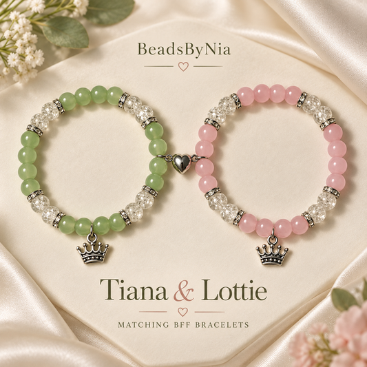 Tiana and Lottie matching BFF bracelets in green and pink with crown charms - Beads by Nia