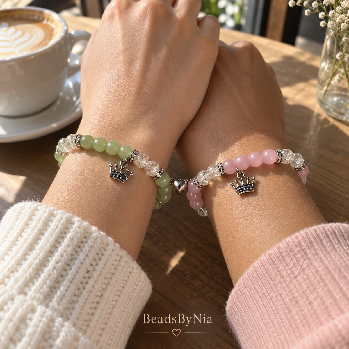 Friends wearing Tiana and Lottie matching bracelets with silver crown charms - Beads by Nia