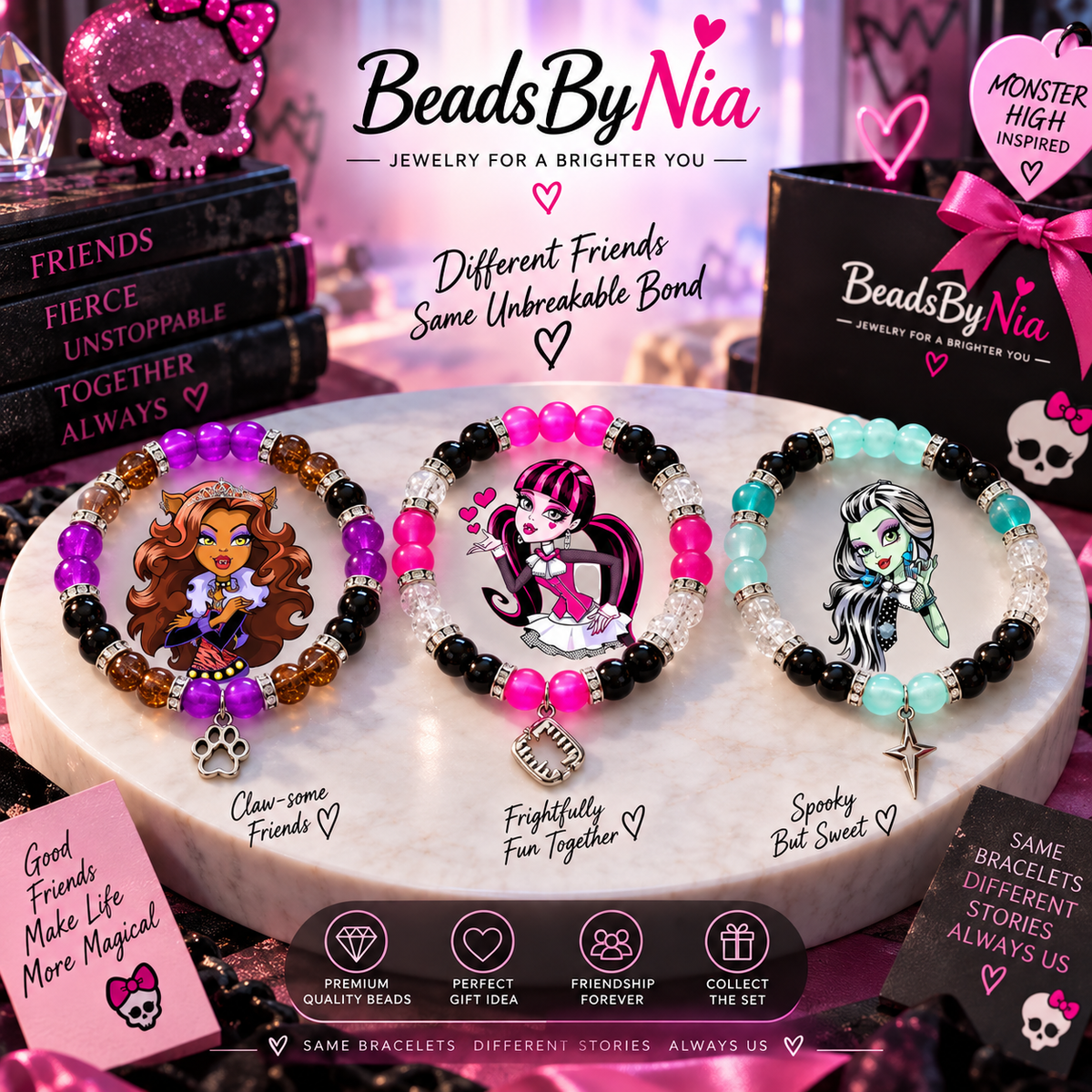 Monster High matching bracelets for Clawdeen, Draculaura and Frankie - Beads by Nia