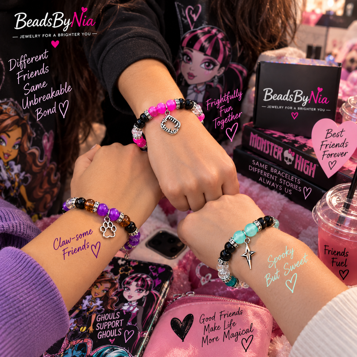 Friends wearing Monster High Clawdeen, Draculaura and Frankie bracelets - Beads by Nia