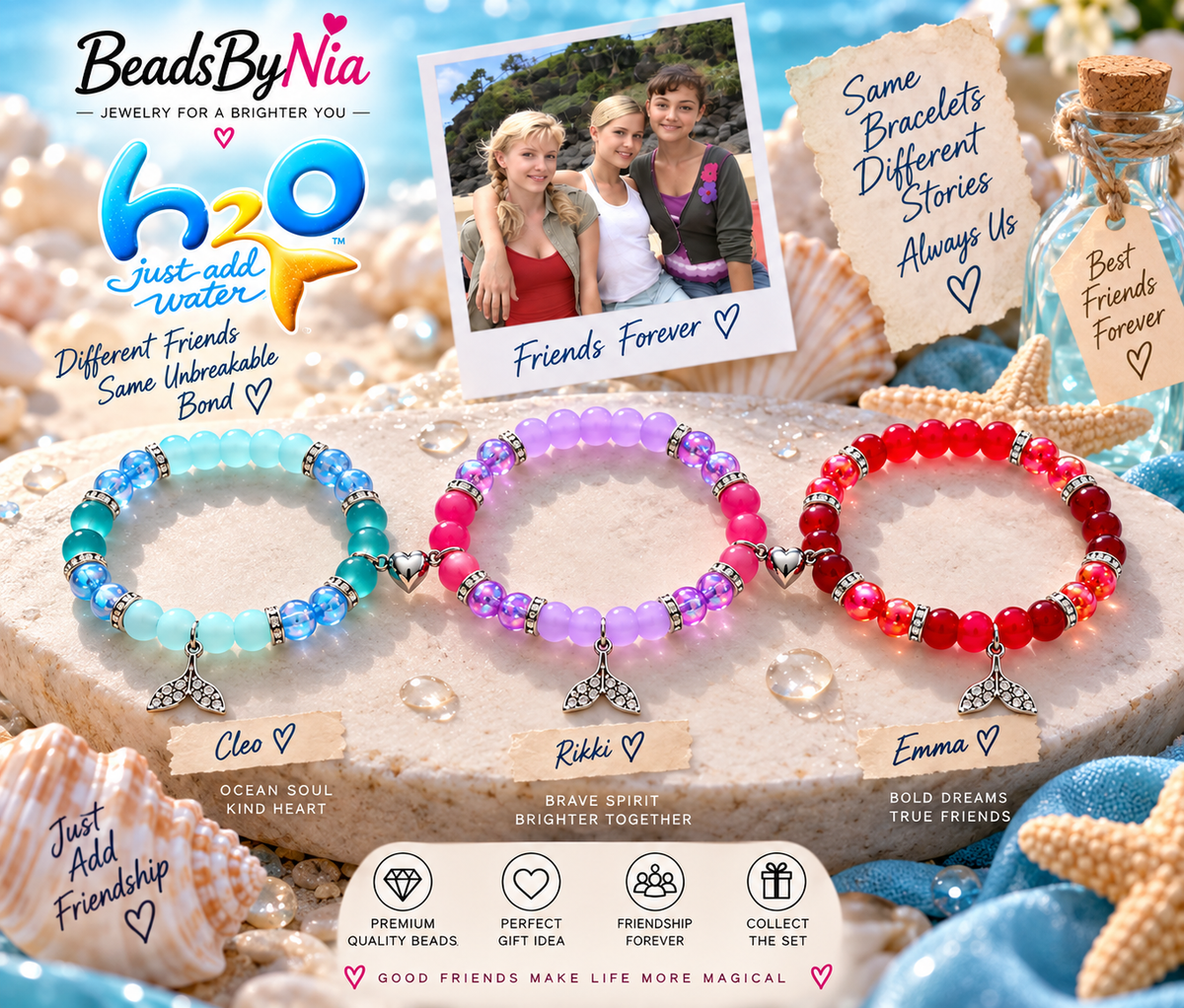 H2O Just Add Water bracelets for Cleo, Rikki and Emma with mermaid tail charms - Beads by Nia