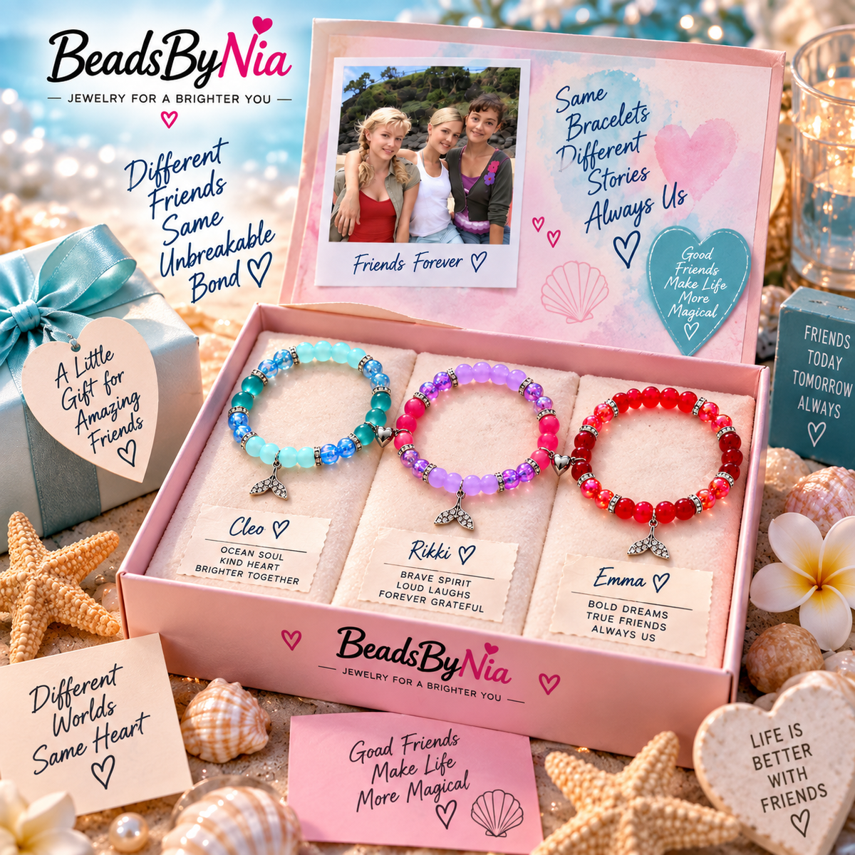 H2O mermaid bracelet trio in a pink gift box with shells and starfish - Beads by Nia