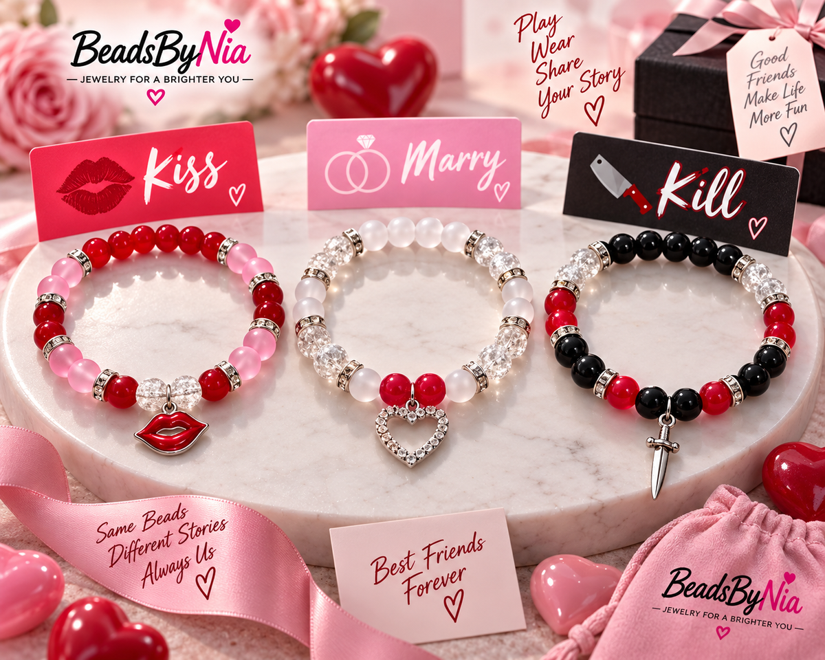 Kiss, Marry and Kill beaded bracelets styled with roses and pink ribbon - Beads by Nia
