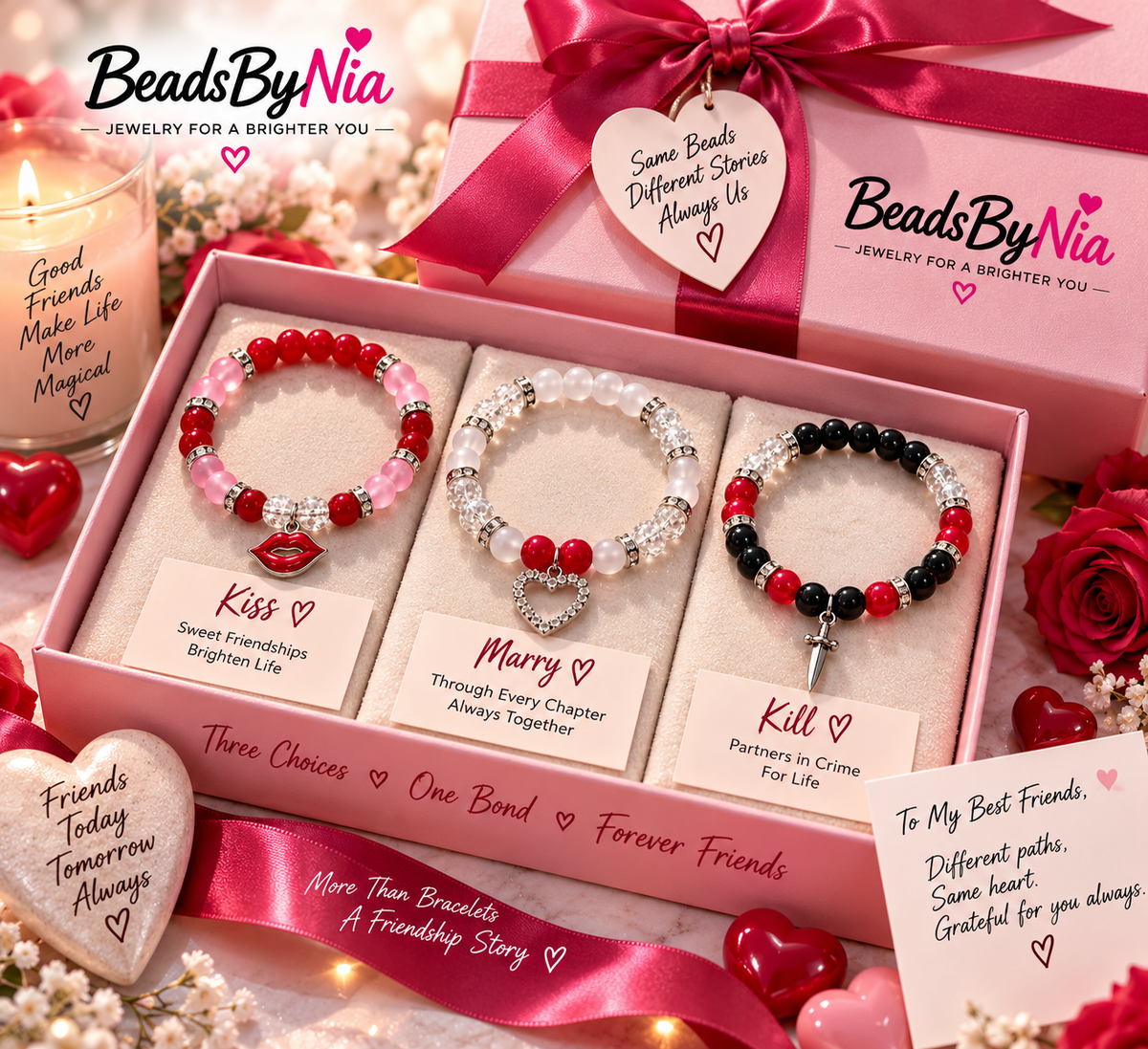 Kiss Marry Kill bracelet trio in a pink gift box with best friends cards - Beads by Nia