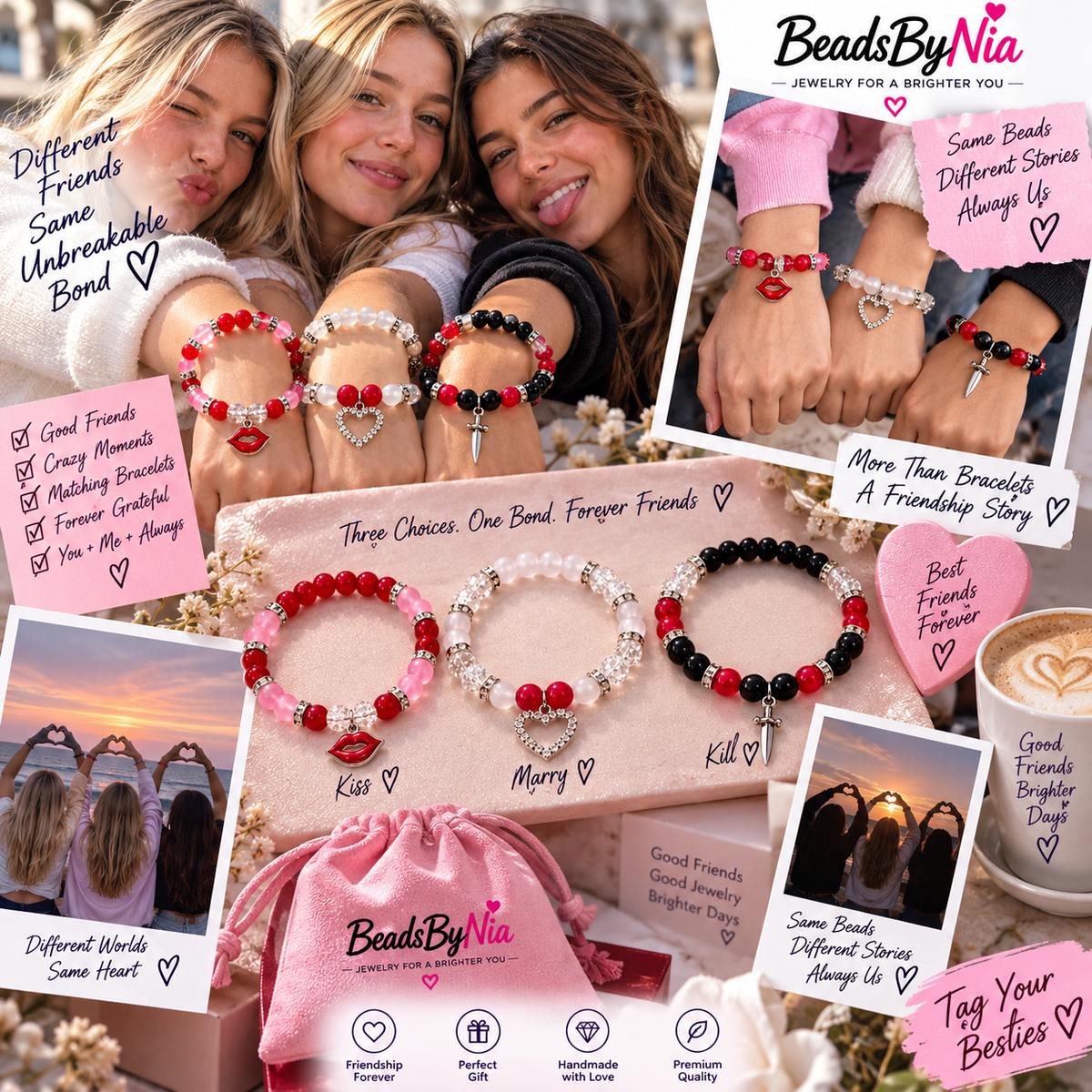 Three friends wearing Kiss, Marry and Kill matching bracelets - Beads by Nia