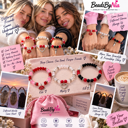 Three friends wearing Kiss, Marry and Kill matching bracelets - Beads by Nia
