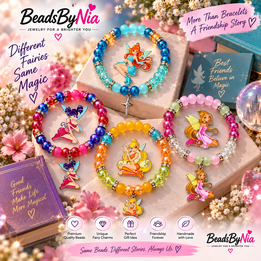Winx Club fairy bracelets in blue, pink, orange and yellow with fairy charms - Beads by Nia