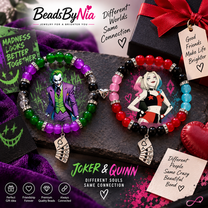 Joker and Harley Quinn matching bracelets in green and red with card charms - Beads by Nia