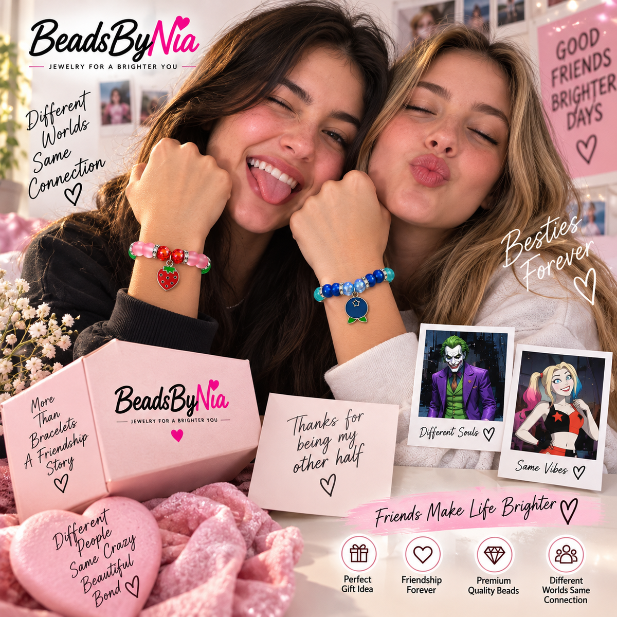 Friends wearing Strawberry Shortcake and Blueberry Muffin matching bracelets - Beads by Nia