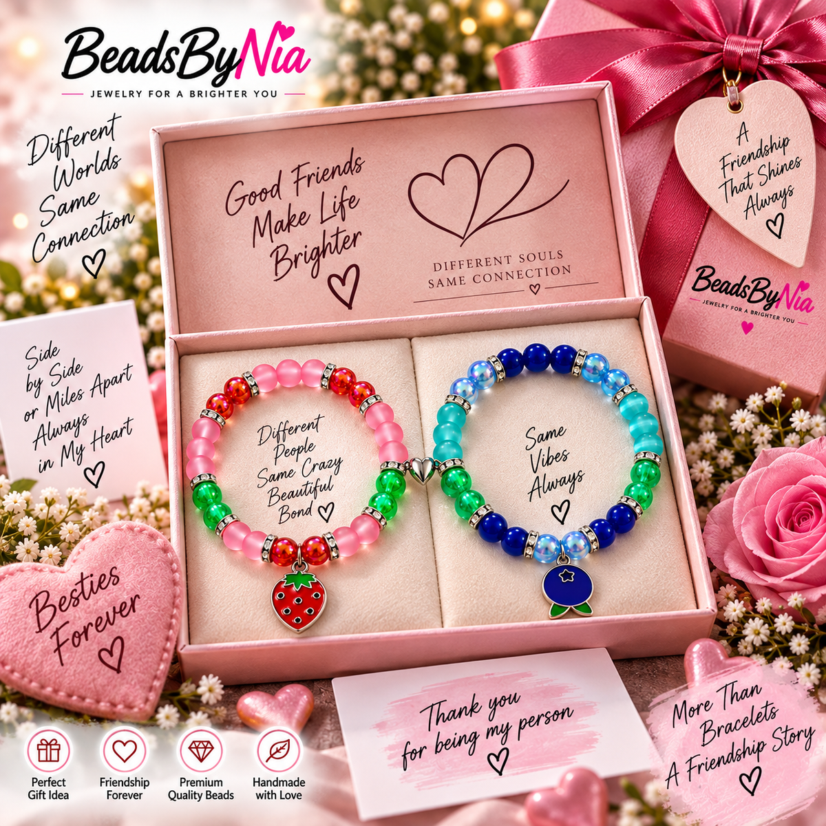 Strawberry Shortcake and Blueberry Muffin bracelet set in a pink gift box - Beads by Nia
