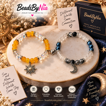Yellow sun and dark moon bracelets with silver sun and crescent charms - Beads by Nia