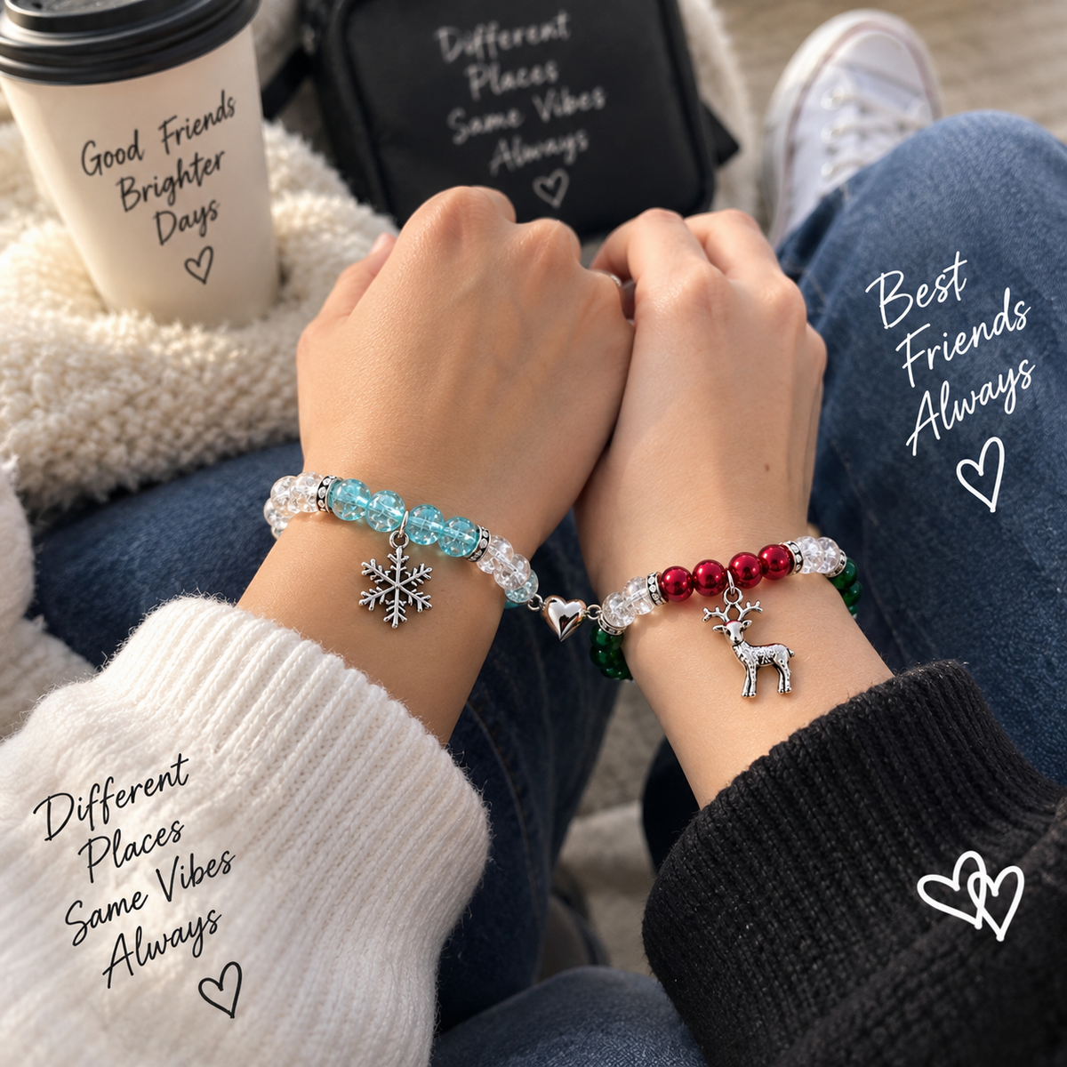 Two friends wearing snowflake and reindeer Christmas matching bracelets - Beads by Nia
