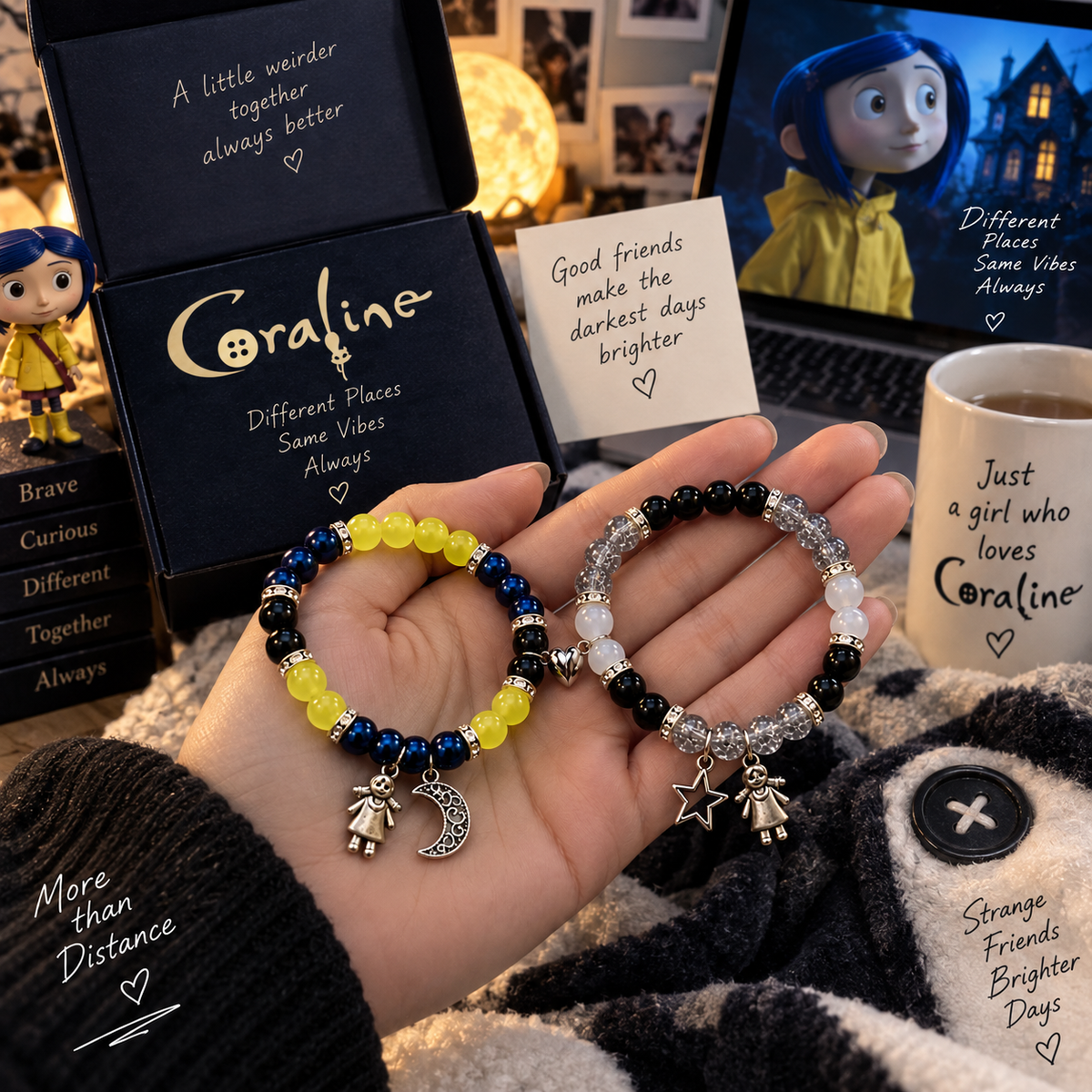 Hand holding Coraline and Wybie matching bracelets with film props - Beads by Nia