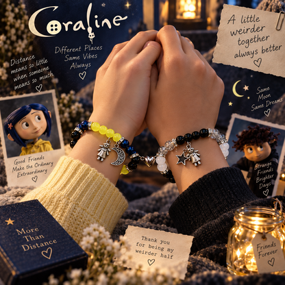 Two wrists linked wearing Coraline and Wybie matching bracelets - Beads by Nia